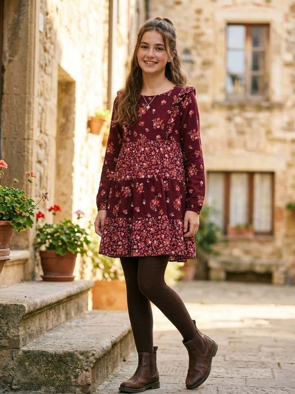 Gymboree Girls Long Sleeve Tiered Floral Twill Dress Burgundy Size 6